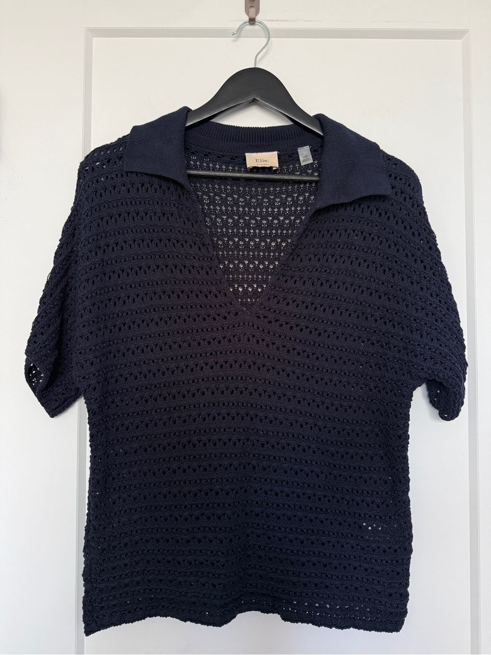 Elie. Elie Tahari Navy Open-Knit V-Neck Polo Short Sleeve Sweater - M
